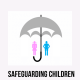 An umbrella icon with icons of children sheltering underneath to signify safety