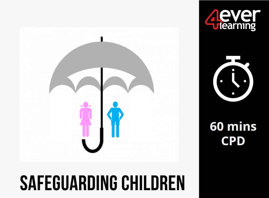 An umbrella icon with icons of children sheltering underneath to signify safety